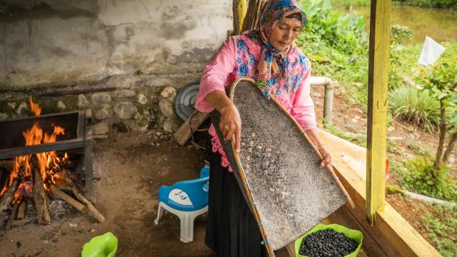 A woman roasting coffee beans in Indonesia.