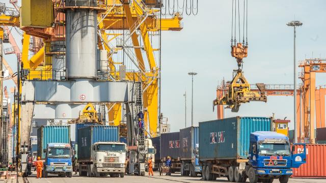Workers at a container port.