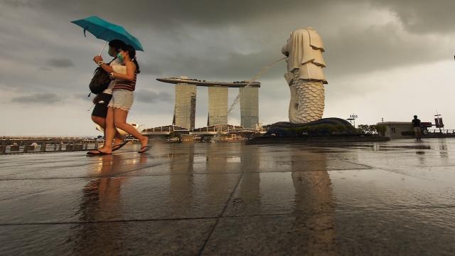 People walking near the Merlion in Singapore. 
